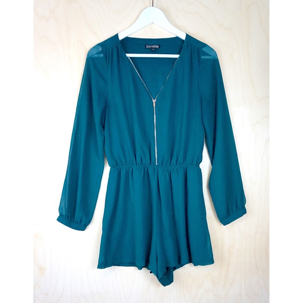 Express Long Sleeve Zip-Front Romper in Teal